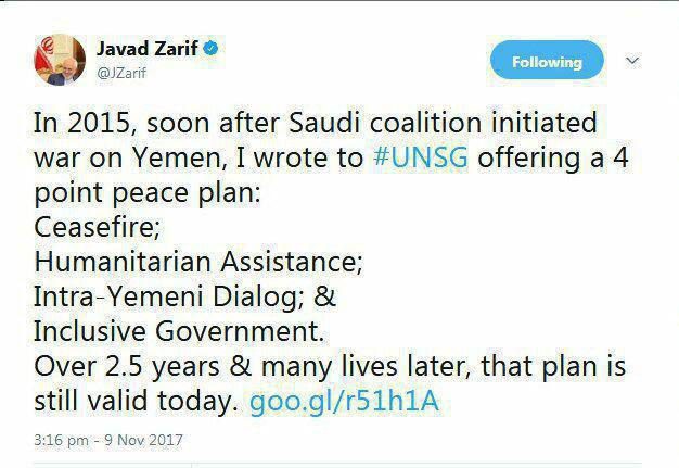 توئیت ظریف در خصوص طرح صلح چهار محوری در یمن