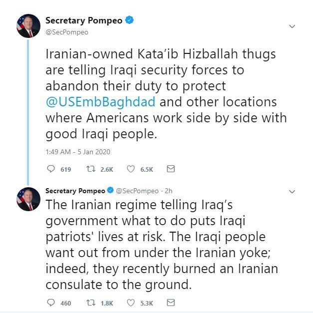 پاسخ پمپئو به هشدار گروه کتائب حزب‌الله به نیروهای امنیتی عراق برای فاصله گرفتن از مراکز آمریکایی
