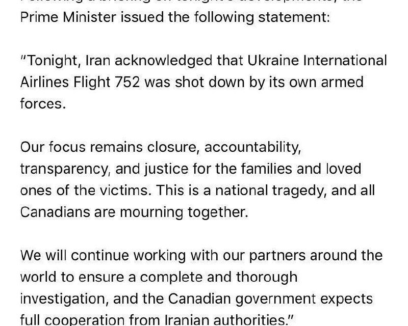 بیانیه نخست وزیر کانادا